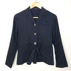 Theory Size 2 XSmall Black Linen Cropped Tie Waist Blazer Jacket